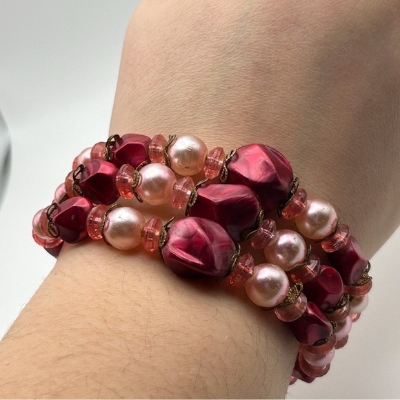 Vintage Light Pink Dusty Rose Faux Pearl Layered Beaded Cuff Wire Bracelet - Picture 7 of 9